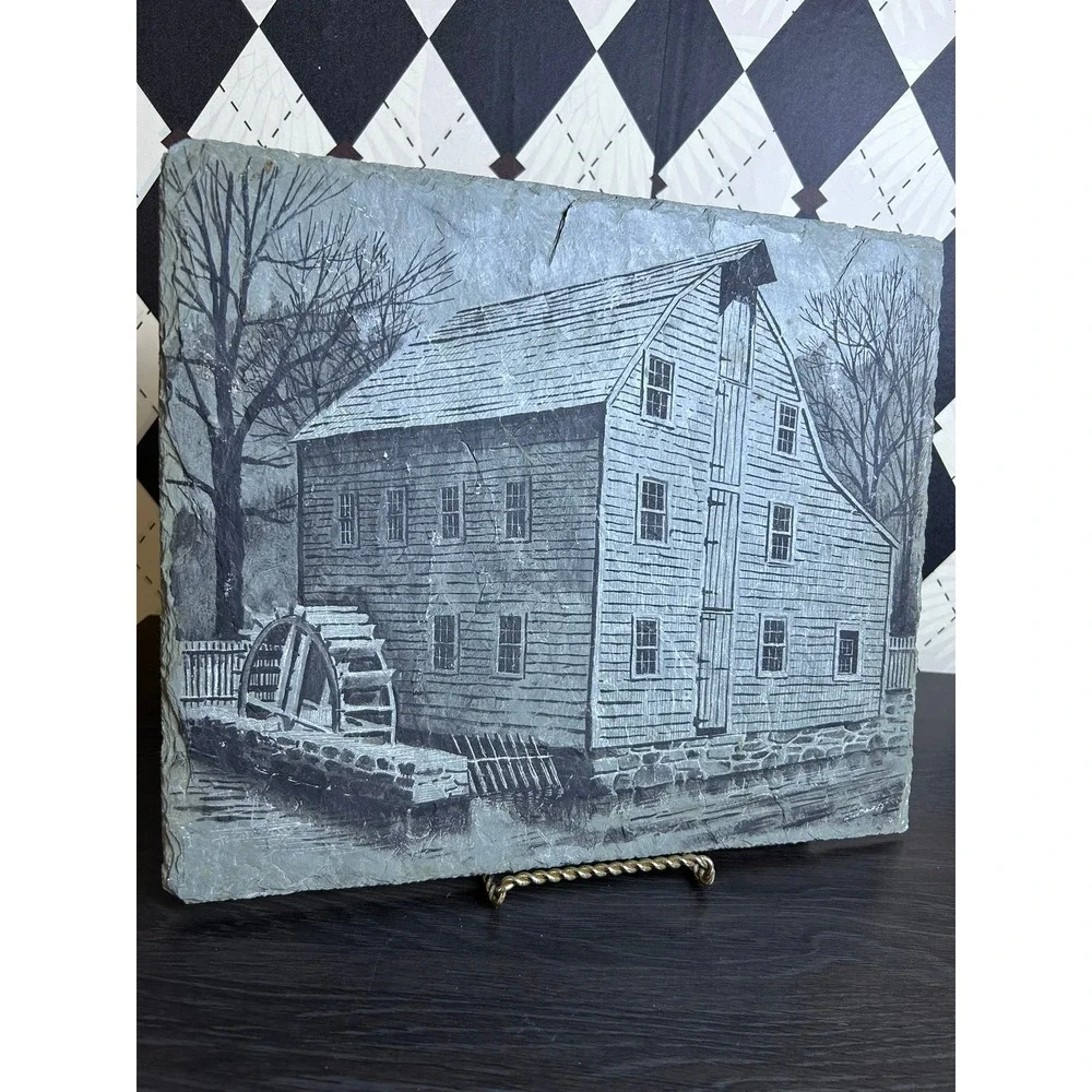 Historic Slate Rock Art The Saddle Rock Grist Mill Etched Colonial Landmark 14